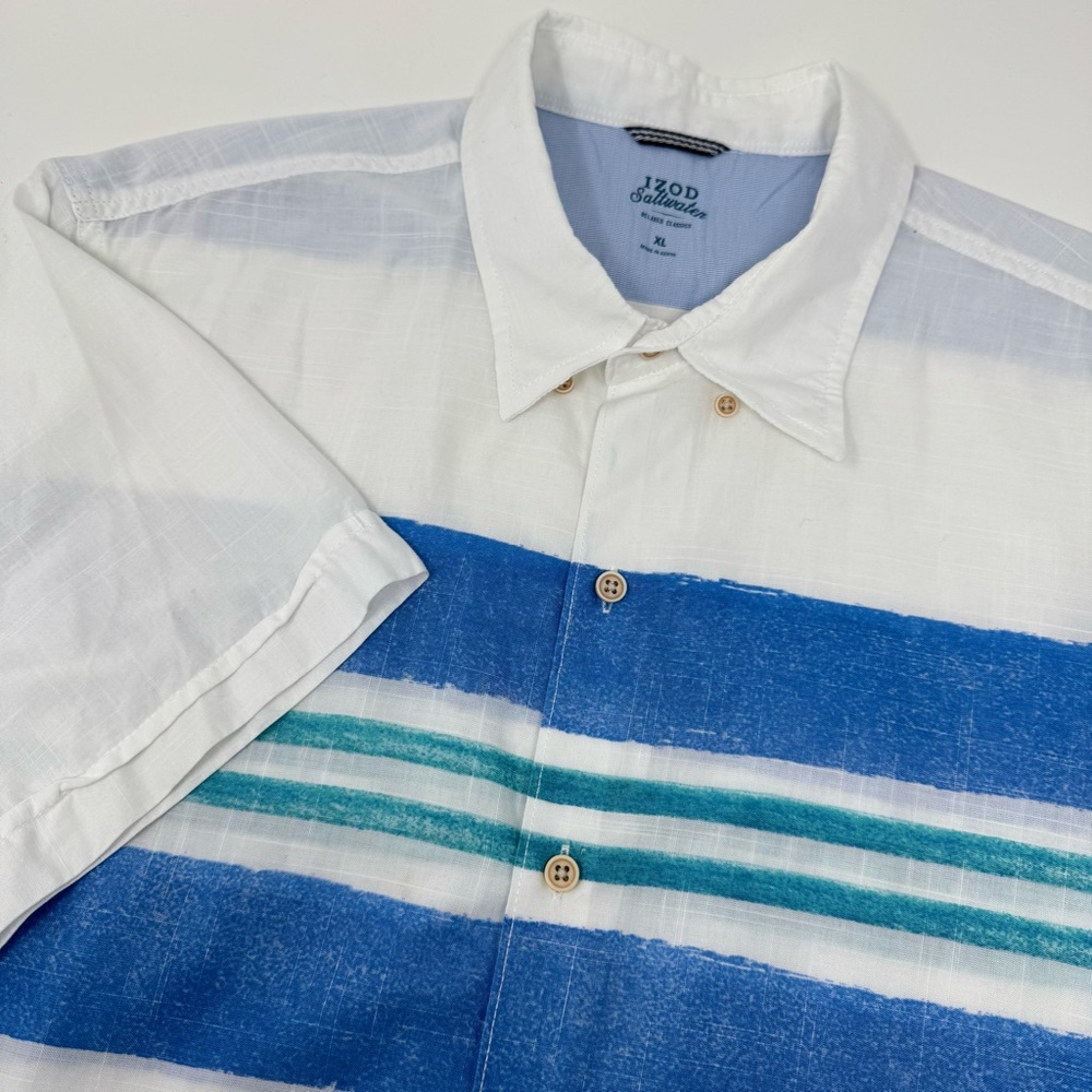 Izod Saltwater Men’s XL White Blue Yellow Relaxed Casual Button‎ Down Shirt SS